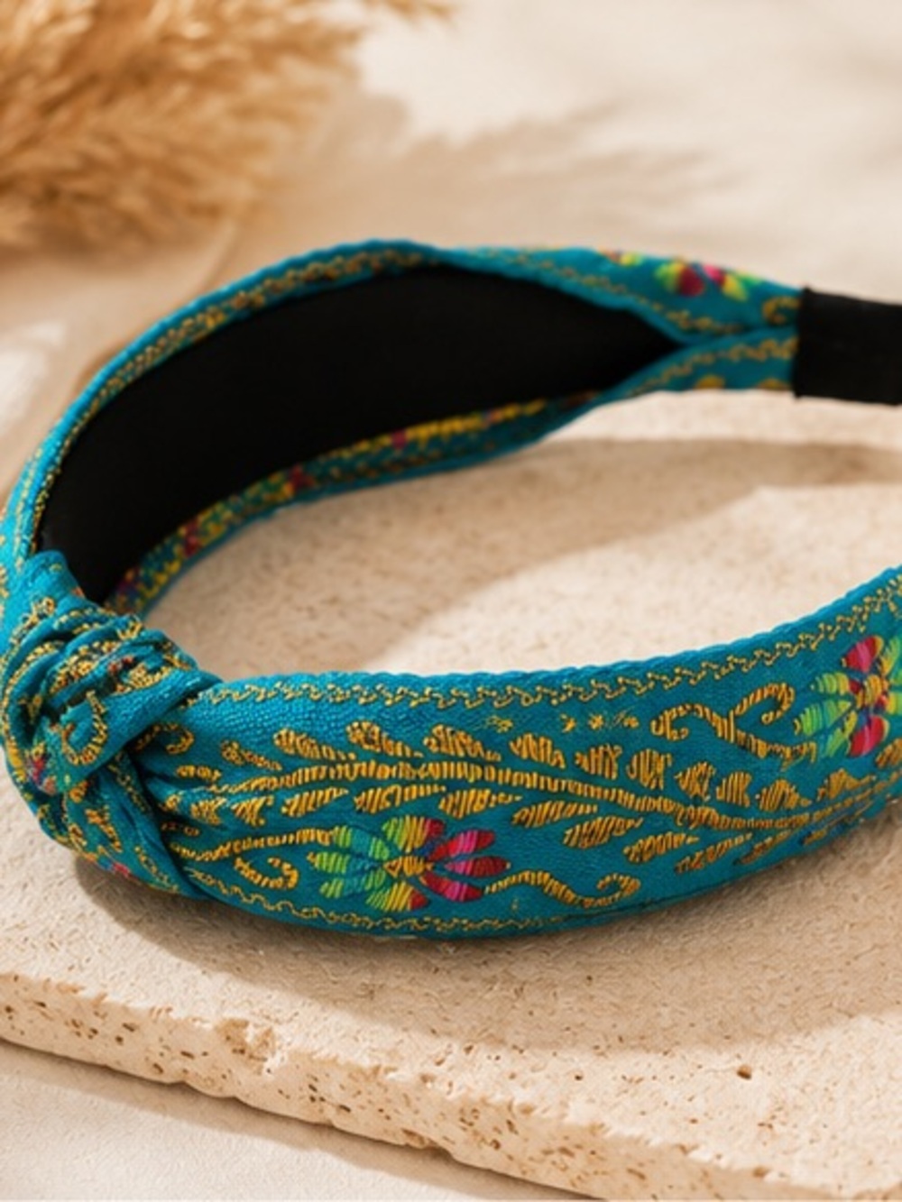 Turquoise Embroidered Knotted Headband Boho Floral Statement Hairband